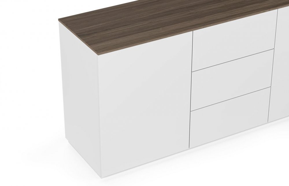 Buffet WHITY 2 blanc mat 180cm 2 portes/3 tiroirs Plateau en bois noyer
